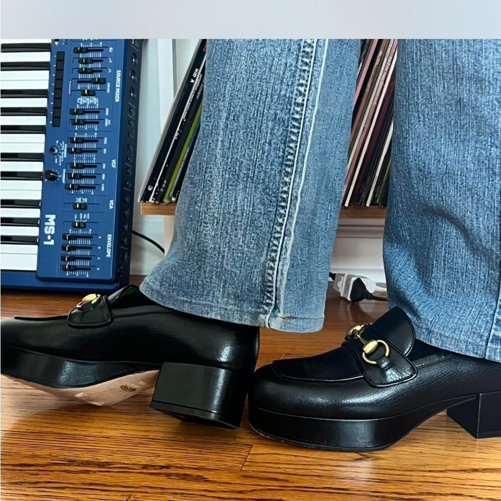 Black Gucci Chunky Heel Loafers with Gold Buckle
